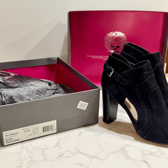 Vince Camuto Women’s | Conley Buckle Open Toe Booties | Size 8.5M | Black Suede - Picture 3 of 4